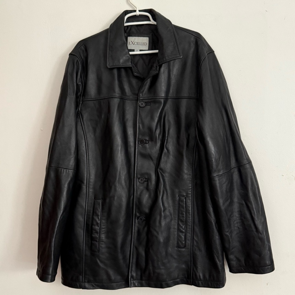 Excelled Men's Black Leather Jacket Size Large Tall Button Up‎ Front Pockets